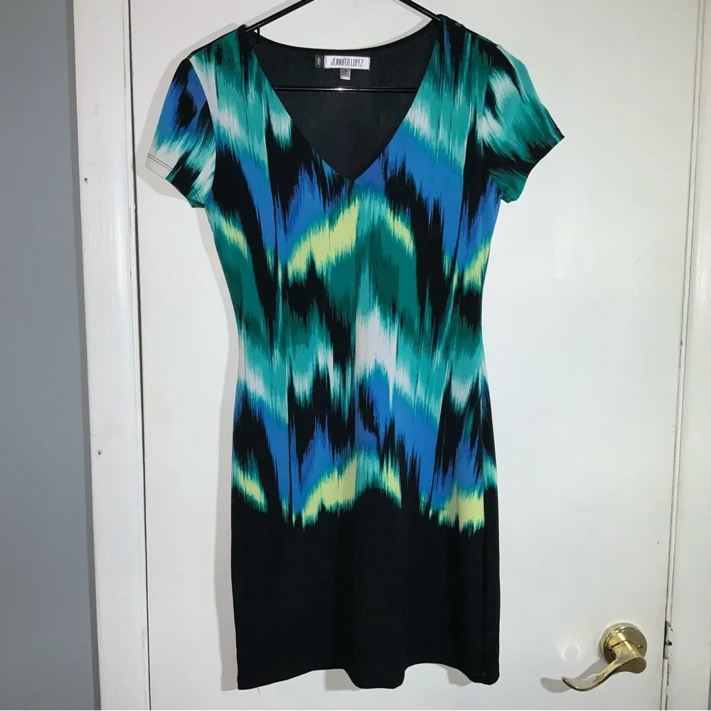 J-Lo Zig Zag Colorful Bodycon Cap Sleeve Mini Dress SZ XS - Picture 8 of 11